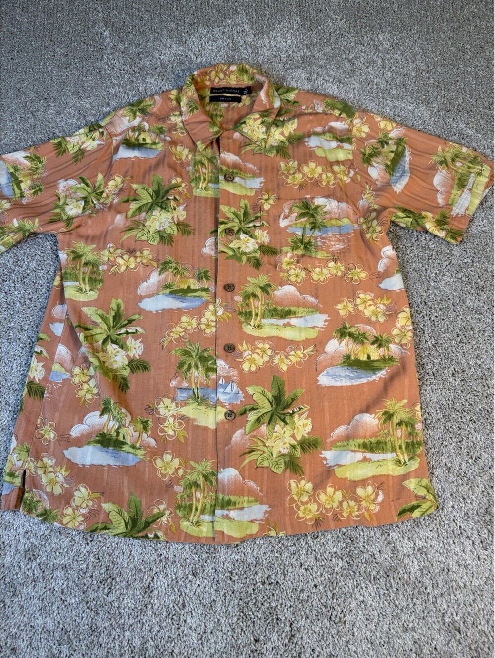Grant Thomas Men’s 100% Silk Hawaiian Short Sleeve Shirt Mens size M Peach Green
